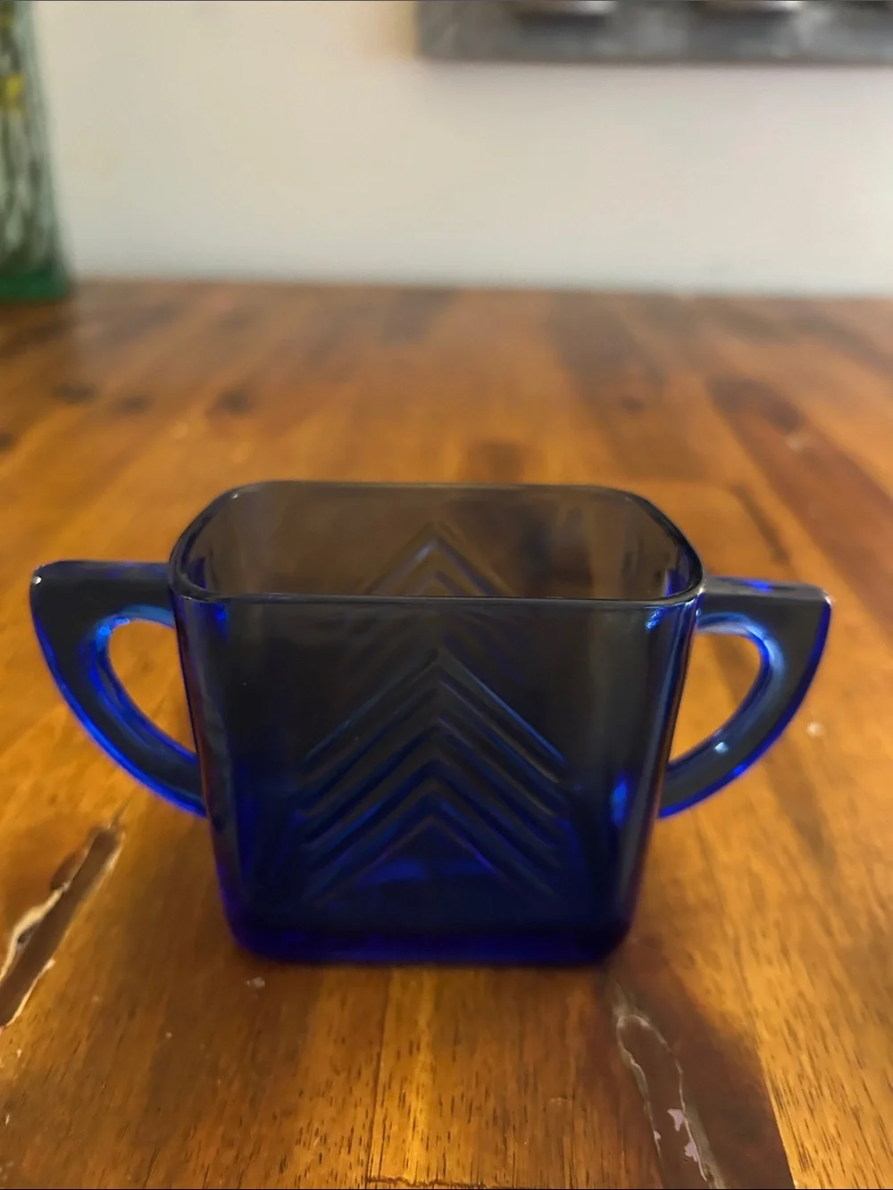 Vintage Hazel Atlas Cobalt Blue Art Deco Chevron Glass Creamer and Sugar Set